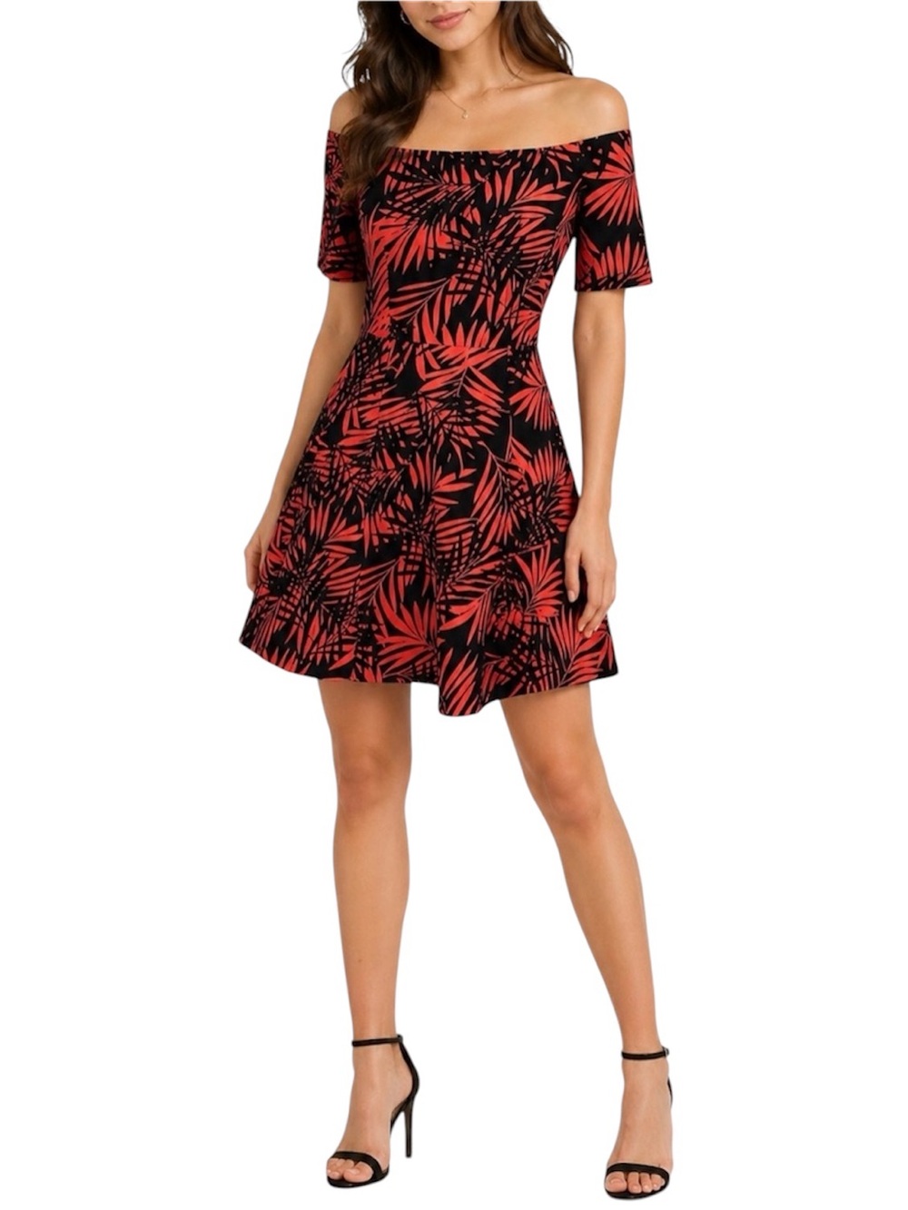 Zara Off-The-Shoulder Red and Black Palm Mini Dress